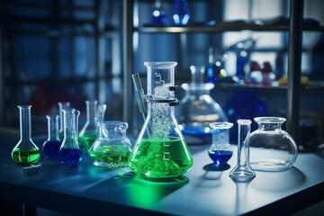Flasks on table in laboratory. Generative AI - obrazy, fototapety, plakaty
