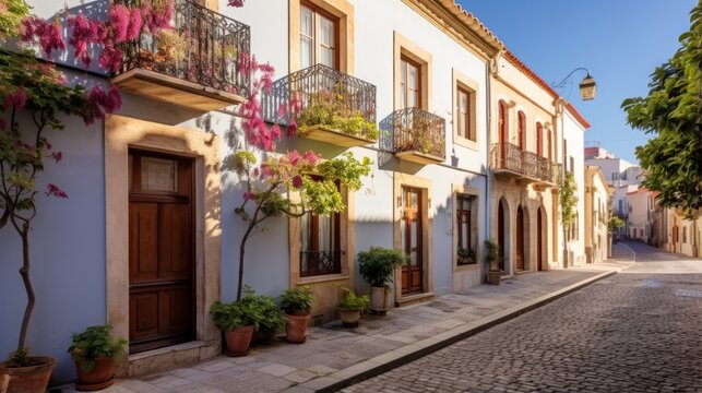 Fototapeta Pension in a historic district with cobblestone streets and charming architecture