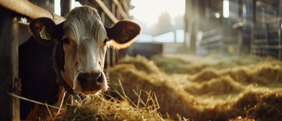 Curious cow peeking through barn stall, surrounded by a warm, rustic ambiance. - obrazy, fototapety, plakaty