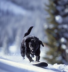 Black labrador retriever with snowboard in a snowy forest.