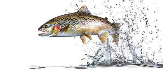 Rainbow trout leaping with a splash, captured mid-air against a backdrop of pure water.