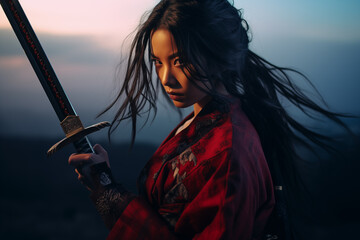 Young Japanese samurai woman with katana sword. Generative AI