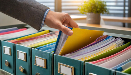  A hand is shown pulling a file from an organized open filing cabinet drawer filled with labeled folders in an office setting