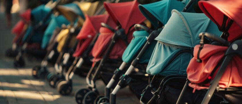Vibrant lineup of baby strollers signifies the colorful journey of parenthood.