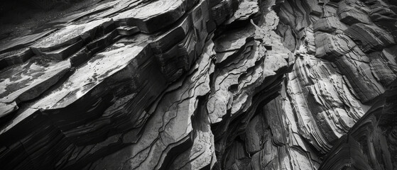 Monochrome image of weathered rock formations with dramatic textures.