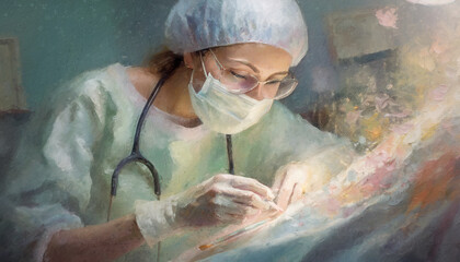 Woman surgeon working with patient in surgical operating room. Ai generated painting - obrazy, fototapety, plakaty