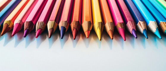 A vibrant spectrum of colored pencils ordered against a white gradient.