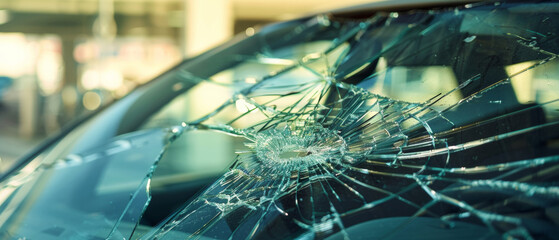 Shattered windshield of a car struck by an unknown object, with vivid cracks.