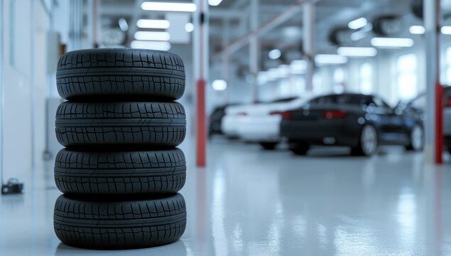 A stack of tires in the foreground with cars and a white wall inside an automotive shop Generative AI