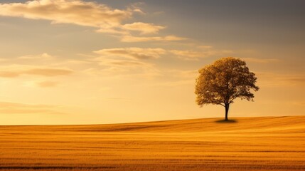The silhouette of a lone tree in a golden field