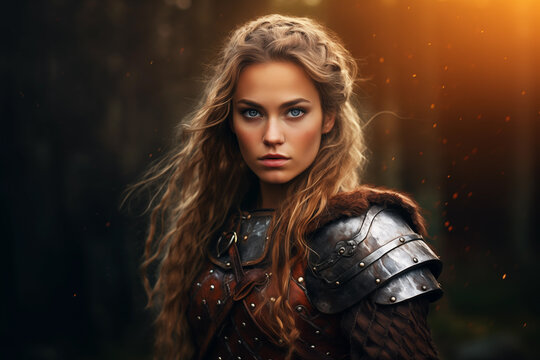 Portrait of young strong viking woman warrior. Generative AI