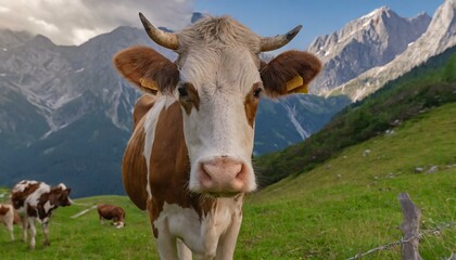 Fototapeta na wymiar cow against the backdrop of alpine mountains and meadows