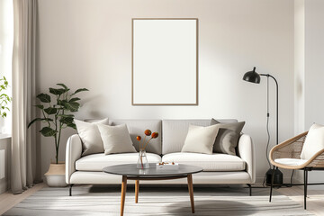 Empty frame mockup on living room wall. Mockup of an empty frame in the interior. Modern interior design in scandinavian style