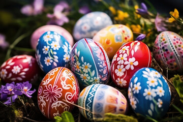 Fototapeta na wymiar Colorful Easter Eggs in a Vibrant Meadow: A Festive Celebration of Spring Traditions