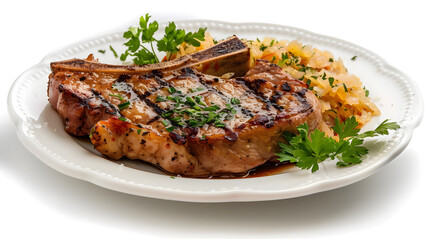 Grilled pork chop with seasoned vegetables on plate