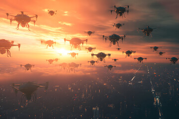 Fototapeta na wymiar Swarm of drones over city at summer morning. Neural network generated image. Not based on any actual scene or pattern.