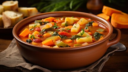 A bowl of hearty vegetable soup with chunks of fresh ingredients