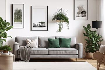 Wohnraum mit Möbeln in grau im modernen Ambiente - obrazy, fototapety, plakaty