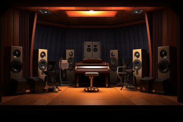 Recording booth with a grand piano and studio monitors displaying equalizer settings. Generative AI - 755814925