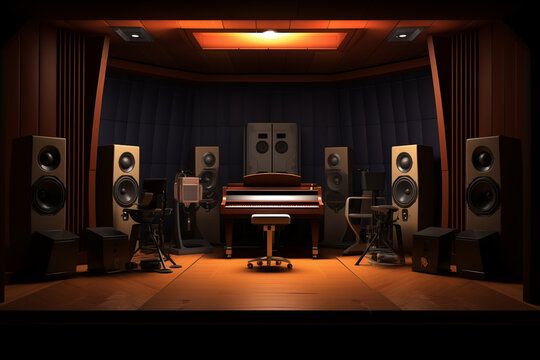 Recording booth with a grand piano and studio monitors displaying equalizer settings. Generative AI