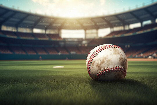 A 3D model features a baseball and stadium grass.