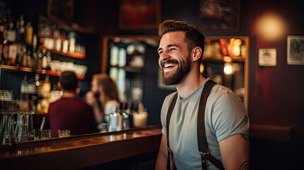 A laughing bearded man sits at the bar counter while waiting for his drink.