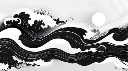 Black and white Japanese vectorial graphics abstract curves ornament icon,simple shape