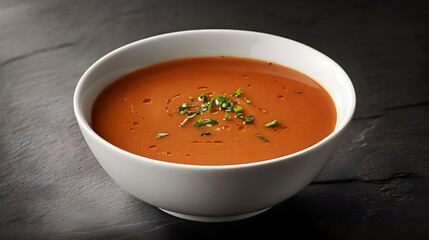 Creamy tomato soup in white bowl