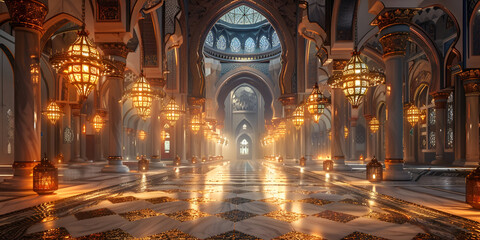 Obraz premium The inside of a mosque and a large chandelier hanging from the ceiling