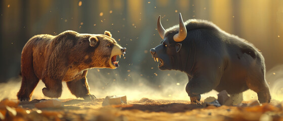 Bear and bull in a stock market duel - obrazy, fototapety, plakaty