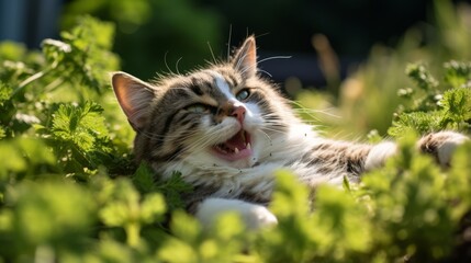 A funny cat rolling around in a patch of catnip with pure delight - obrazy, fototapety, plakaty