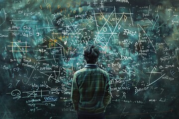 2D Illustrate of A mathematician solving complex equations on a chalkboard. - obrazy, fototapety, plakaty