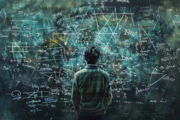Fotobehang 2D Illustrate of A mathematician solving complex equations on a chalkboard. © Sataporn