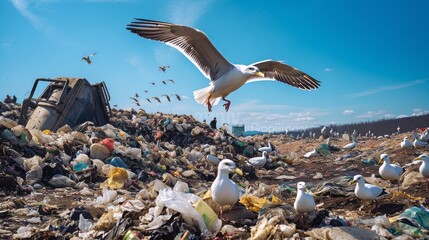 A landfill site with seagulls scavenging for food