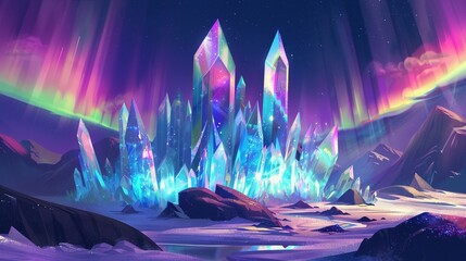 2D Illustrate of A quartz crystal palace gleaming under the northern lights