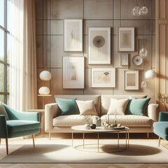 Step into Serenity: Explore the Modern Interior Design of a Cozy Apartment, Featuring a Beige Sofa, Turquoise Armchairs, and a Sunlit Room with Expansive Windows