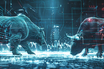 Bear and bull locked in a financial duel on a futuristic graph battlefield. - obrazy, fototapety, plakaty