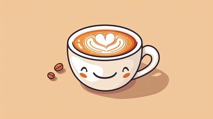 Coffee with a smiling face, Latte art, Cartoon style illustration. on yellow background