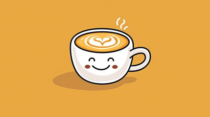 Obraz premium Coffee with a smiling face, Latte art, Cartoon style illustration. on yellow background