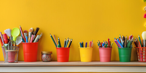 Kindergarten or nursery school creative background for website. Crayons art decoration, copy space...