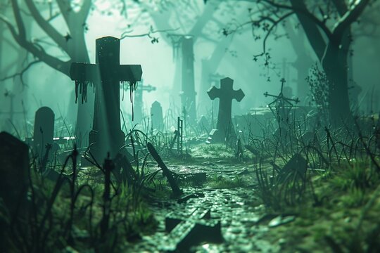 3D Illustrate of As they traversed the digital landscape the heroes stumbled upon a cursed graveyard where the souls of the undead roamed freely