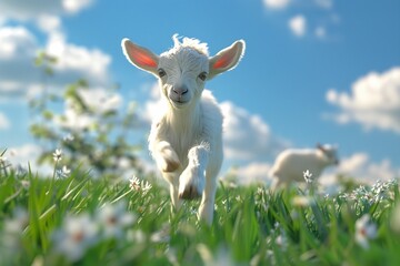 3D render of A baby goat bouncing around in a field of fresh green grass.