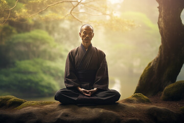 Sensei meditating in serene surroundings embodying inner peace. Generative AI - obrazy, fototapety, plakaty