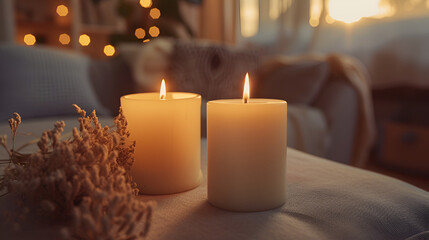 Obraz na płótnie Canvas Aroma candle mock up, warm aesthetic composition. Cozy home comfort, relaxation and wellness concept. generative ai 