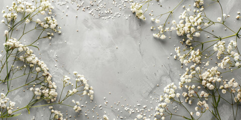 Delicate white baby's breath flowers on elegant grey marble background, top view with copy space