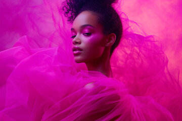 Picture a model against a backdrop of vibrant magenta, dressed in a fuchsia gown, her beauty accentuated by understated makeup, exuding a bold, confident allure.