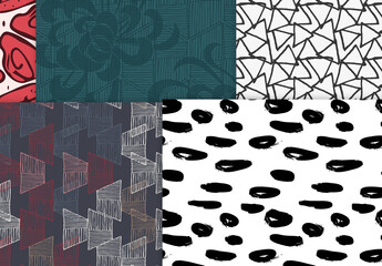 Seamless Pattern Collection with Hand Drawn Rough Abstract Strokes and Floral Elements