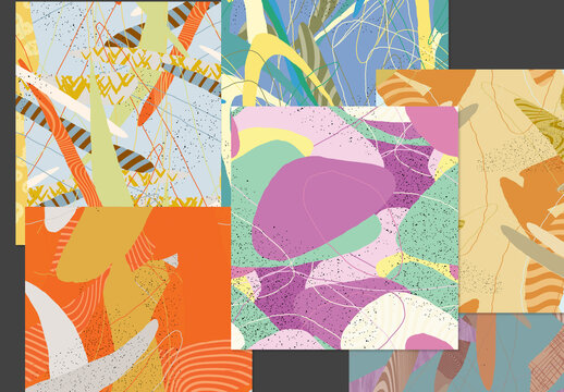 Seamless Pattern Set with Organic Grunge Textured Overlapping Oval Wavy Shapes and Lines