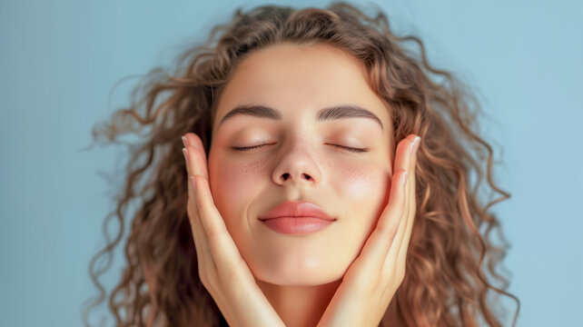 Young woman doing face building, facial gymnastics, self massage and rejuvenating exercises