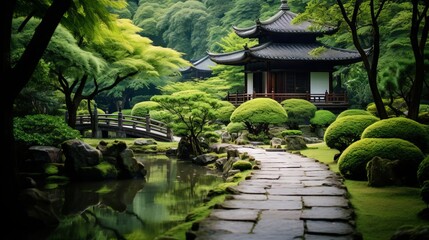 Fototapeta na wymiar A zen temple surrounded by lush and peaceful nature